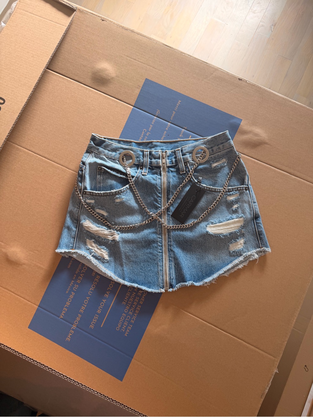 Carmar Light Blue Distressed Denim Mini Skirt With Silver Chain